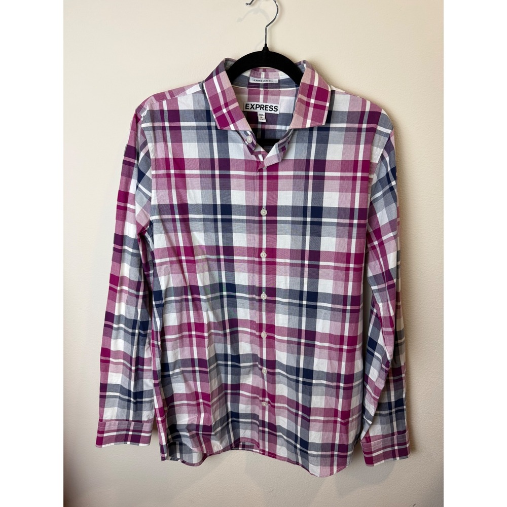 Express Mens Extra Slim Fit Plaid Button Down Shirt Magenta Navy White Size M
